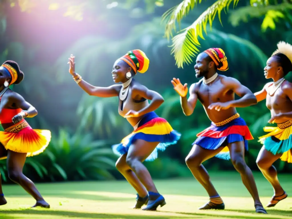 Grupo de bailarines africanos en trajes coloridos ejecutando danza tradicional, reflejando la importancia cultural de la danza africana