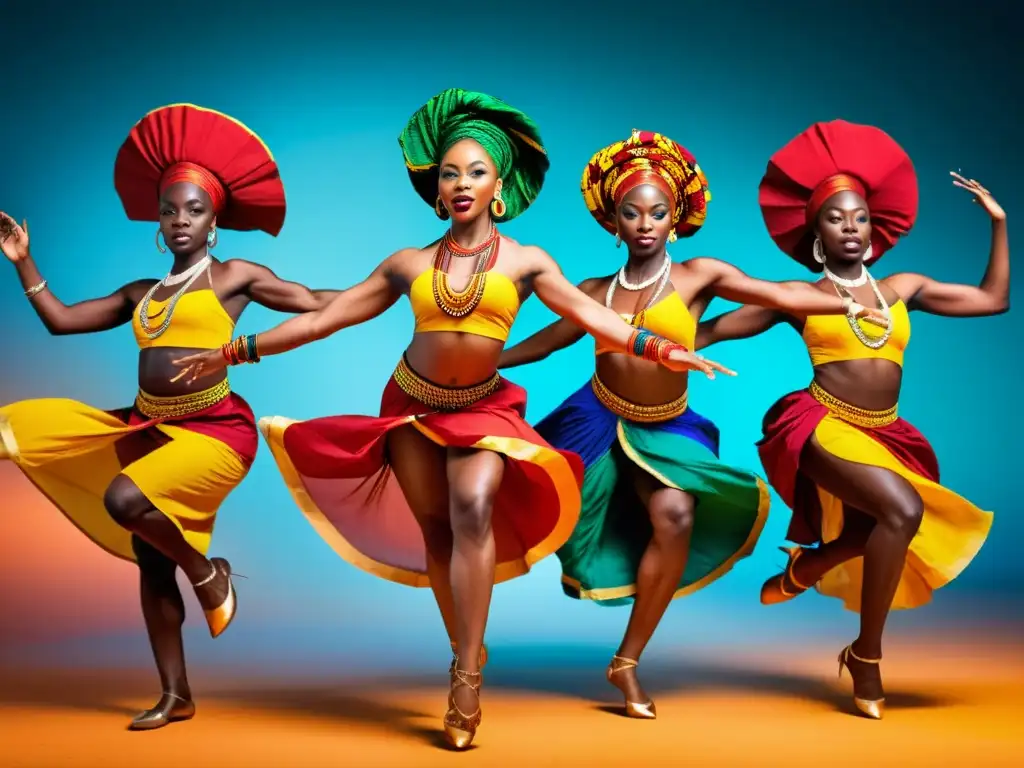 Un grupo de bailarines africanos en trajes tradicionales realizando una rutina de alta energía, transmitiendo fuerza, gracia y pasión en su entrenamiento físico para bailarines de danza africana