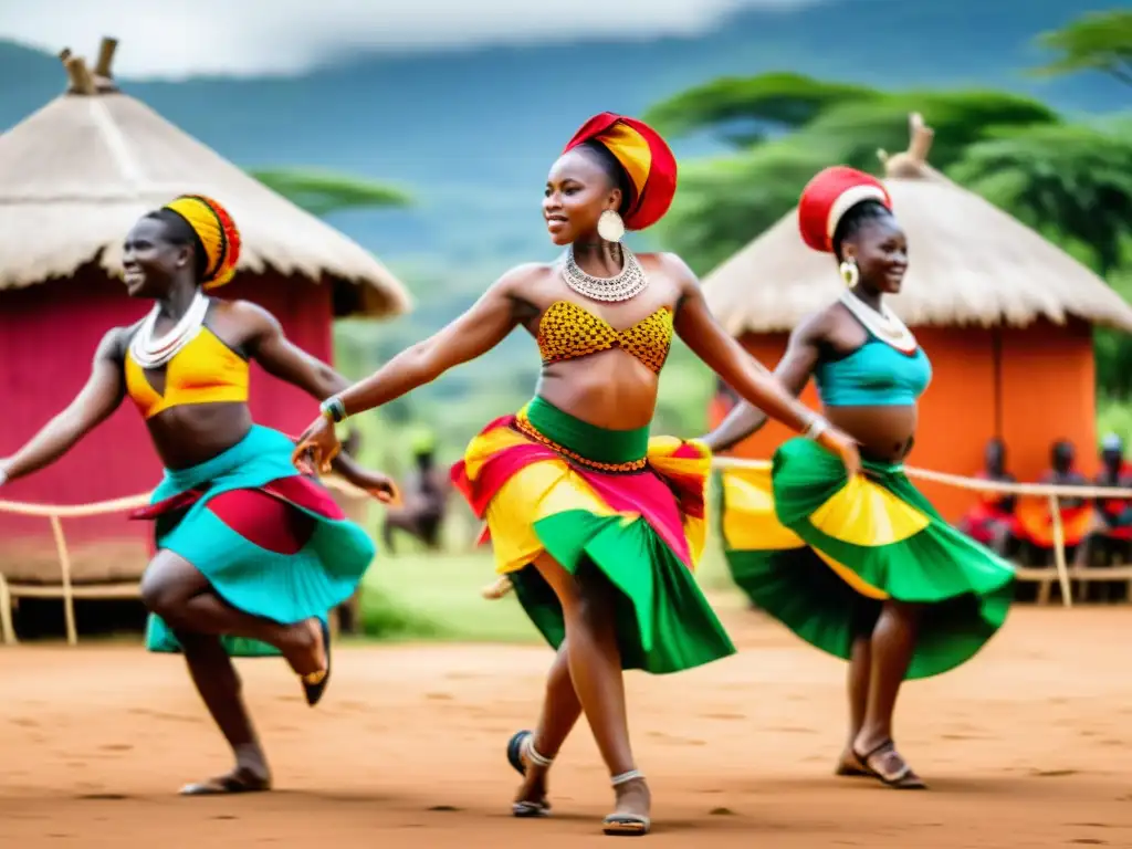 Grupo de bailarines africanos con trajes tradicionales, expresando el significado cultural de la danza africana con pasión y energía