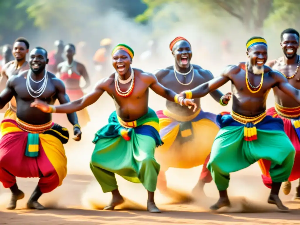 Grupo de bailarines africanos en trajes tradicionales, danzando la Danza del Éxtasis en África Occidental, con vibrante energía y coloridos movimientos en una plaza polvorienta