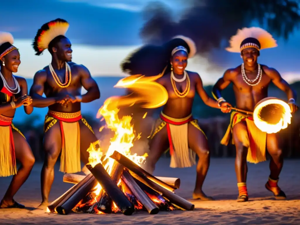 Grupo de bailarines africanos en trajes tradicionales danzando alrededor de una fogata, capturando la energía y la belleza de la danza africana