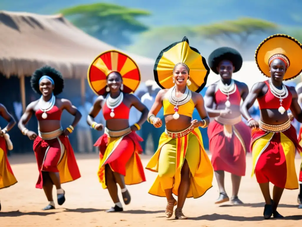 Un grupo de bailarines africanos en trajes tradicionales bailando con energía bajo el cielo abierto, rodeados de espectadores asombrados