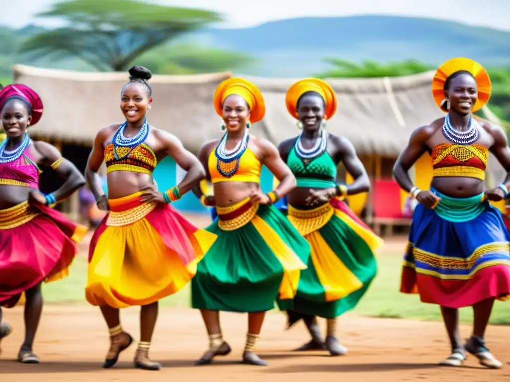 Un grupo de bailarines africanos en trajes tradicionales realizando una danza africana en un pueblo, con una atmósfera cálida y llena de tradición