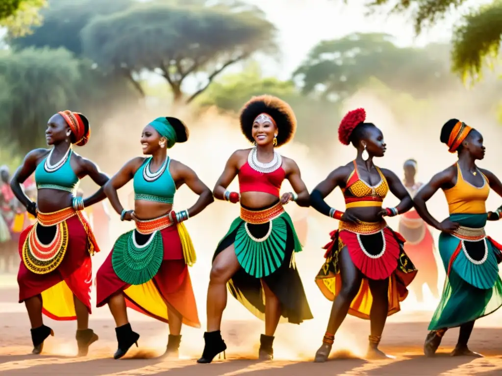 Grupo de bailarines africanos en trajes tradicionales vibrantes realizando una danza dinámica al aire libre