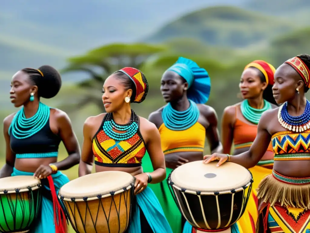 Un grupo de bailarines africanos con trajes vibrantes y djembé, expresando pasión y energía