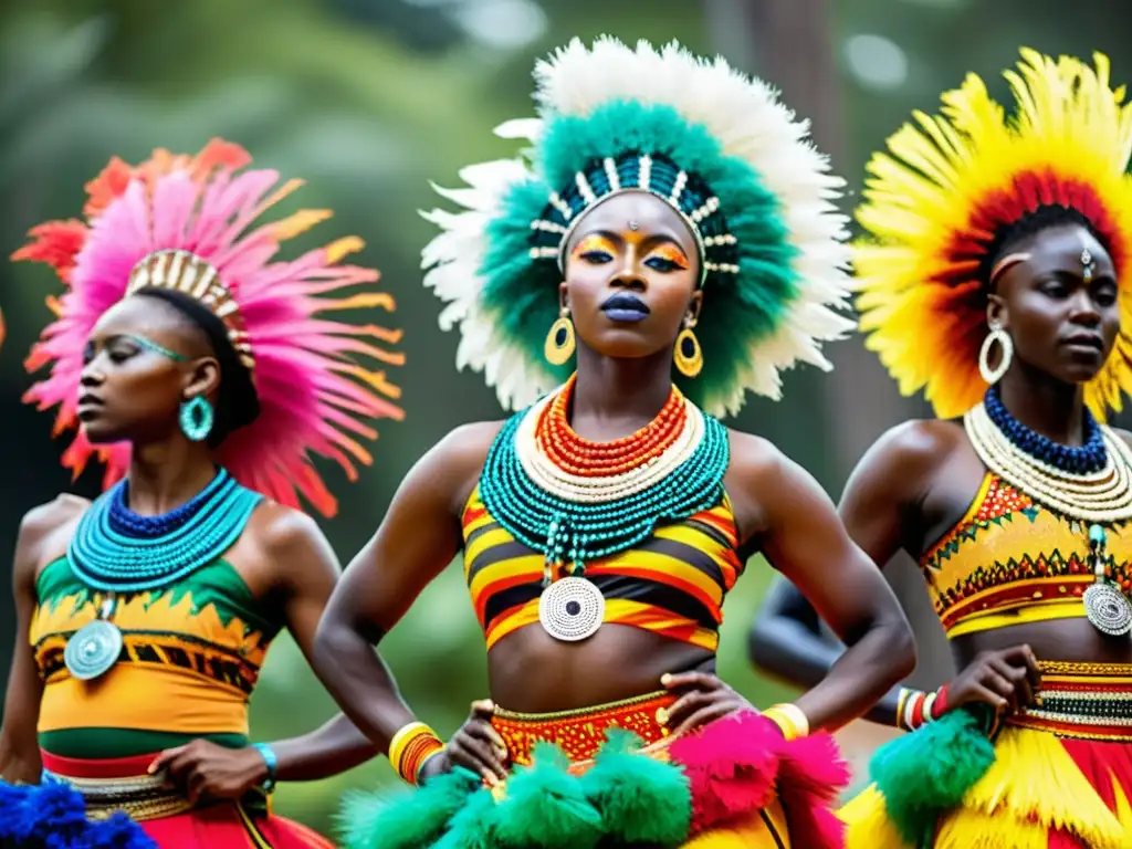 Grupo de bailarines africanos con trajes vibrantes y coloridos, expresando la importancia de la vestimenta en las danzas africanas