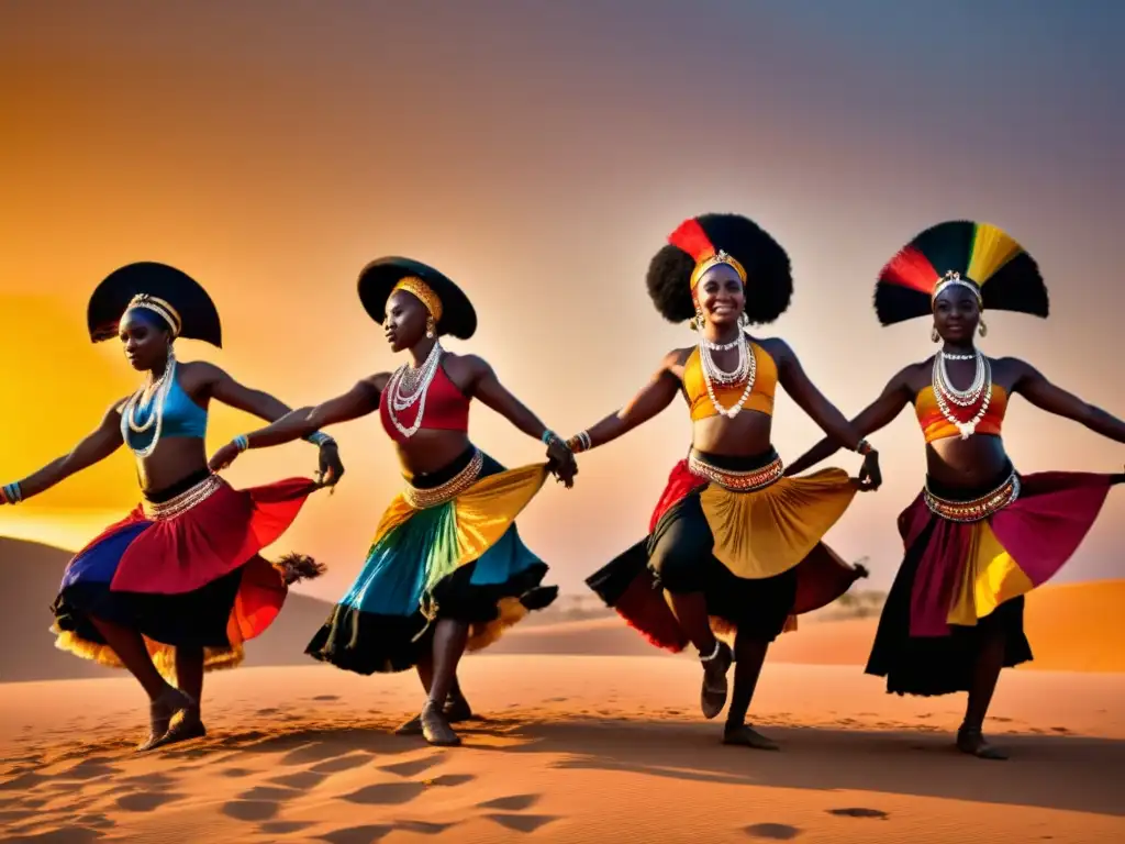 Grupo de bailarines africanos en trajes tradicionales danzando al atardecer, evocando el Renacimiento de la danza tradicional africana