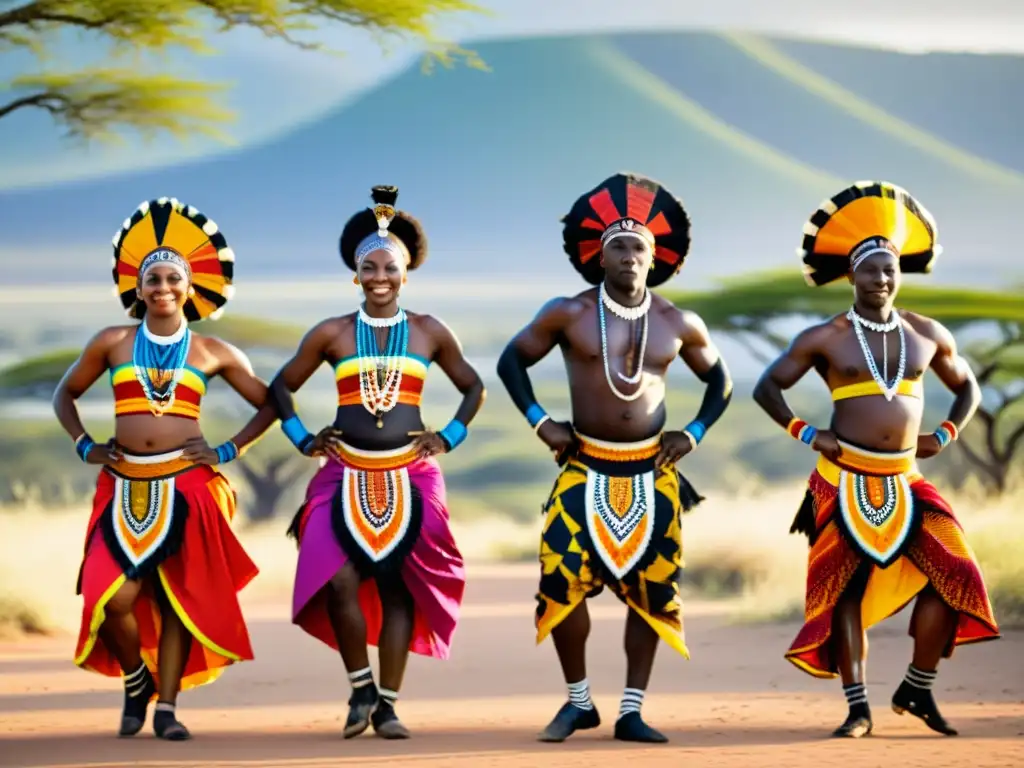 Grupo de bailarines africanos con trajes vibrantes y expresiones apasionadas, en el renacimiento de la danza tradicional africana