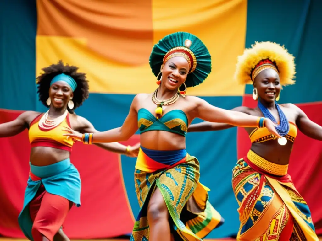 Un grupo de bailarines africanos, con trajes vibrantes, realizando una danza dinámica y enérgica con telas coloridas y patrones tribales