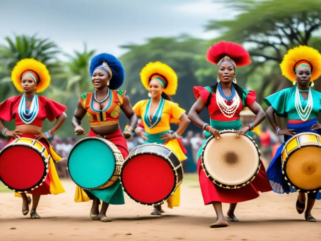 Un grupo de bailarines africanos en trajes tradicionales coloridos, ejecutando una danza dinámica al aire libre