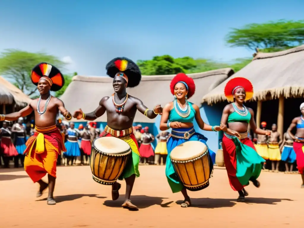 Un grupo de bailarines africanos en trajes tradicionales danzando al ritmo de tambores tribales en una vibrante plaza del pueblo