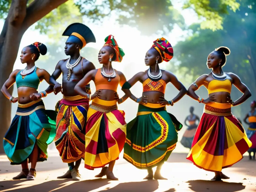 Un grupo de bailarines africanos vistiendo trajes tradicionales coloridos, con significado cultural de la indumentaria africana