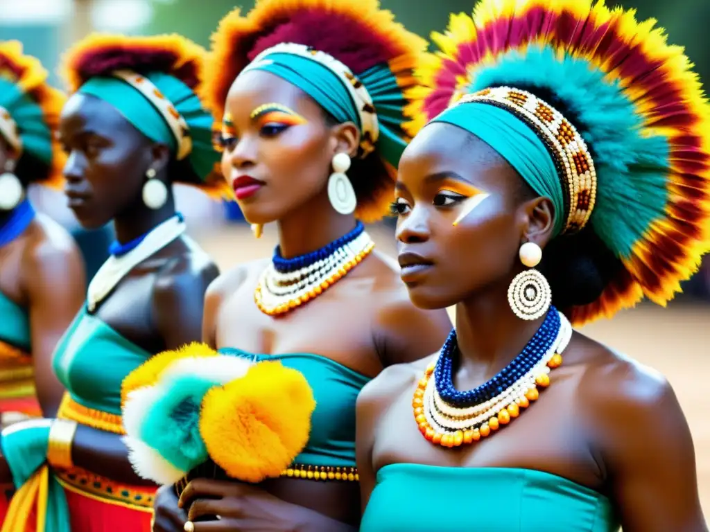 Grupo de bailarines africanos con trajes tradicionales vibrantes, reflejando el significado cultural de la indumentaria africana