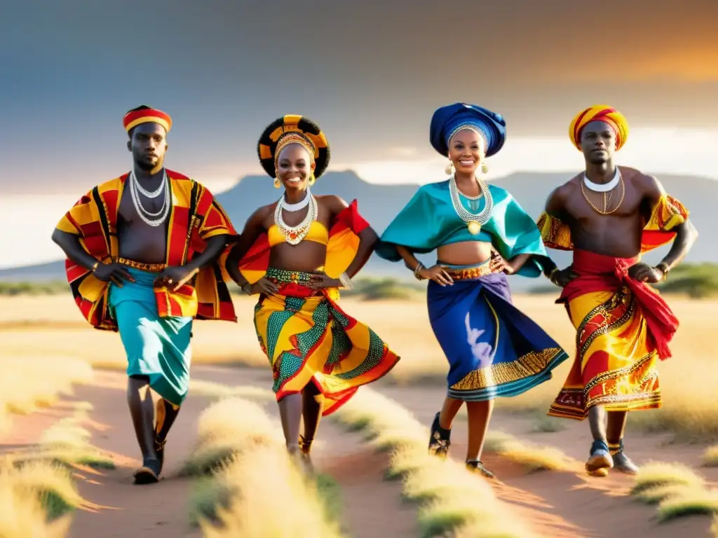 Un grupo de bailarines africanos con trajes tradicionales vibrantes, bailando con pasión en la sabana al atardecer