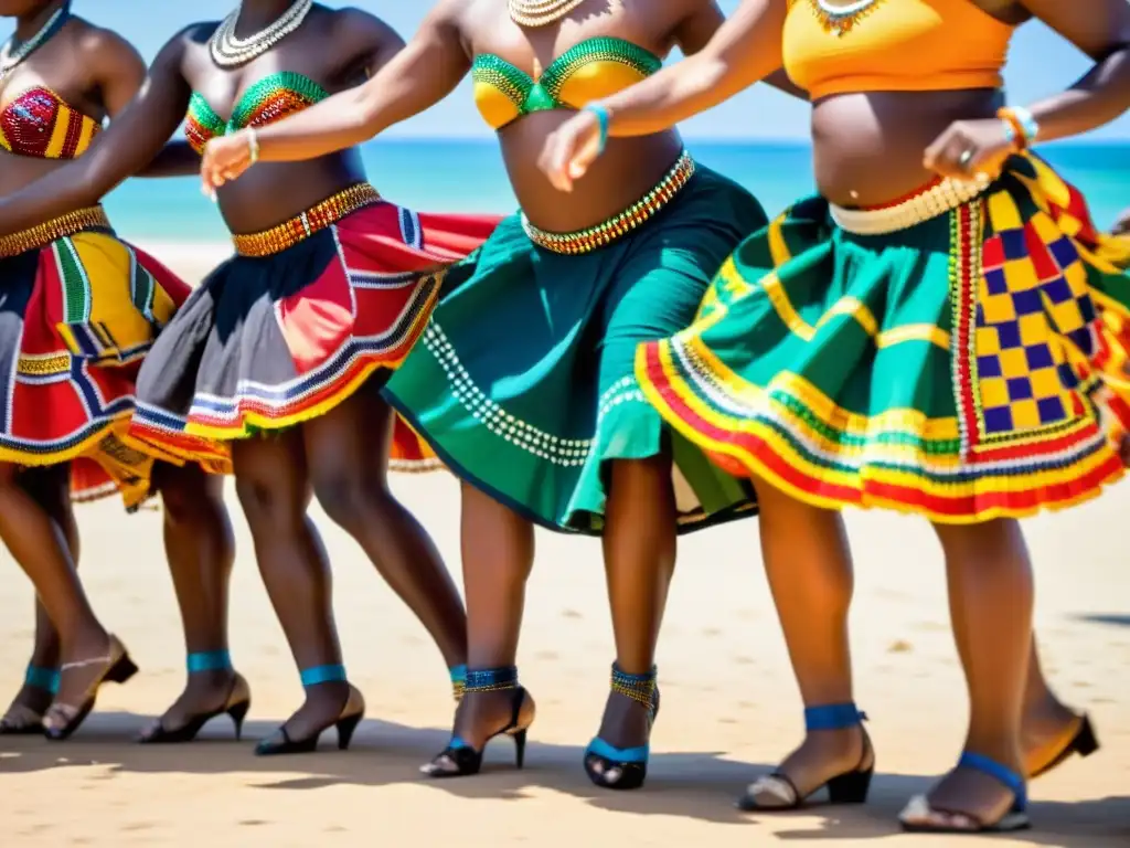 Grupo de bailarines africanos con trajes coloridos y patrones tradicionales, expresando alegría y energía