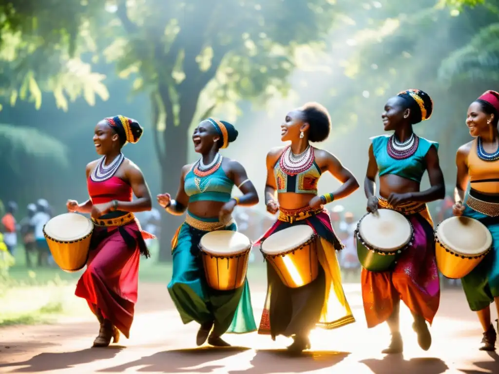 Un grupo de bailarines africanos vistiendo trajes tradicionales, envueltos en patrones vibrantes, bailando con gracia al ritmo de la música