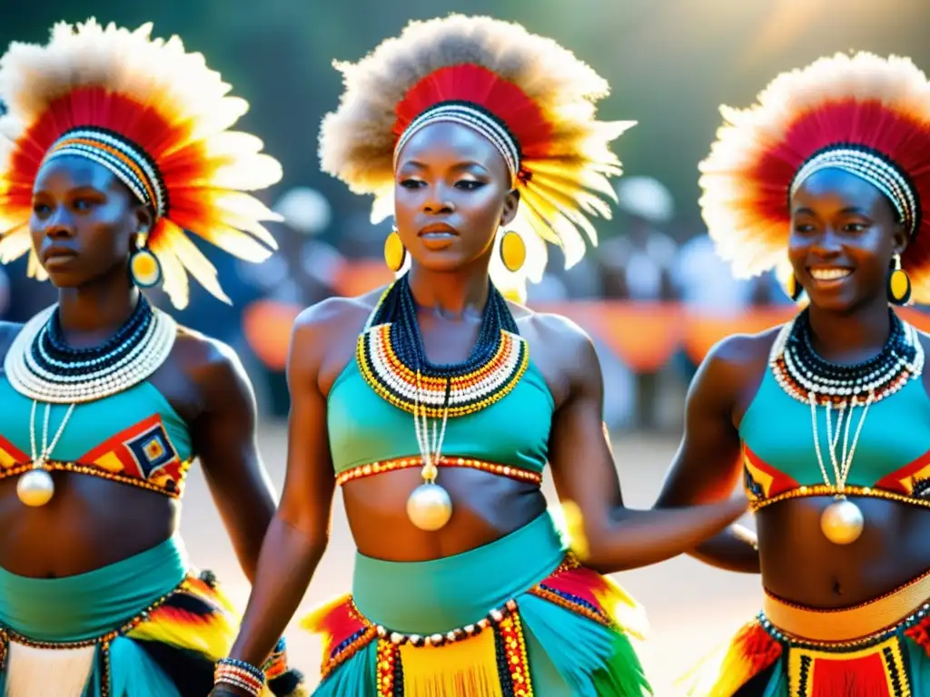 Grupo de bailarines africanos con trajes tradicionales coloridos y accesorios significativos, capturando la esencia cultural de la danza africana