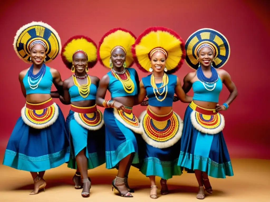 Grupo de bailarines africanos con trajes tradicionales vibrantes, representando el significado cultural de los colores en danzas tradicionales