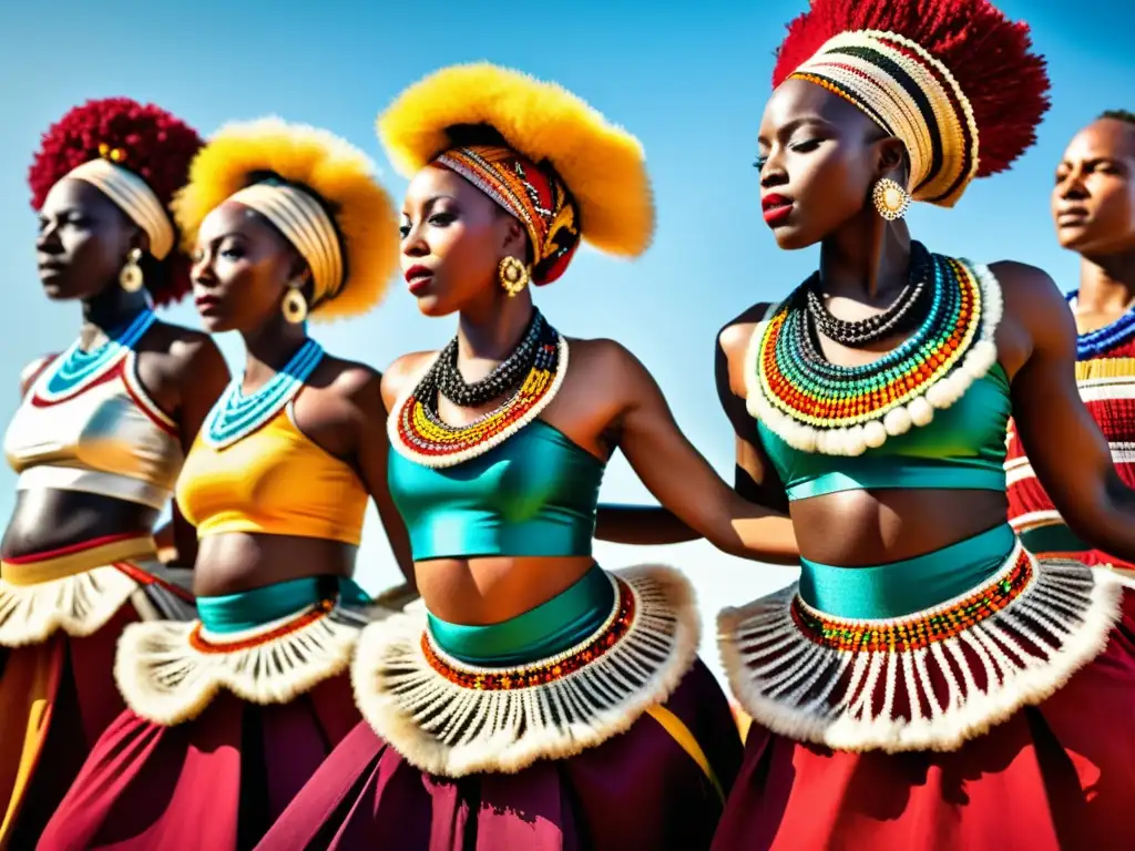 Grupo de bailarines africanos con trajes tradicionales de danzas mundiales, vibrantes y detallados, expresando orgullo y energía cultural