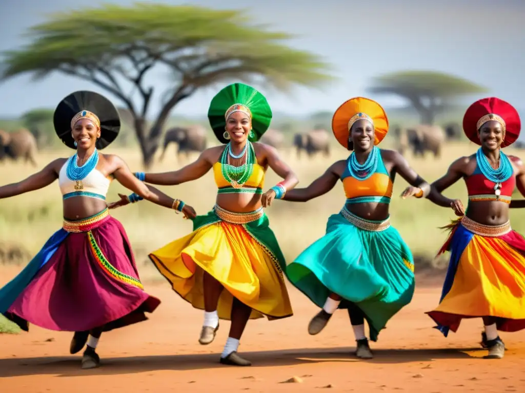 Un grupo de bailarines africanos con trajes tradicionales vibrantes, realizando una danza dinámica en la sabana soleada