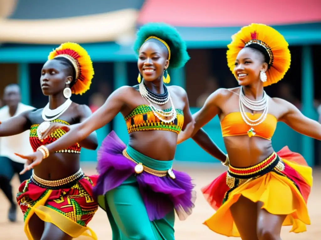 Un grupo de bailarines africanos en trajes tradicionales vibrantes danza en un bullicioso mercado