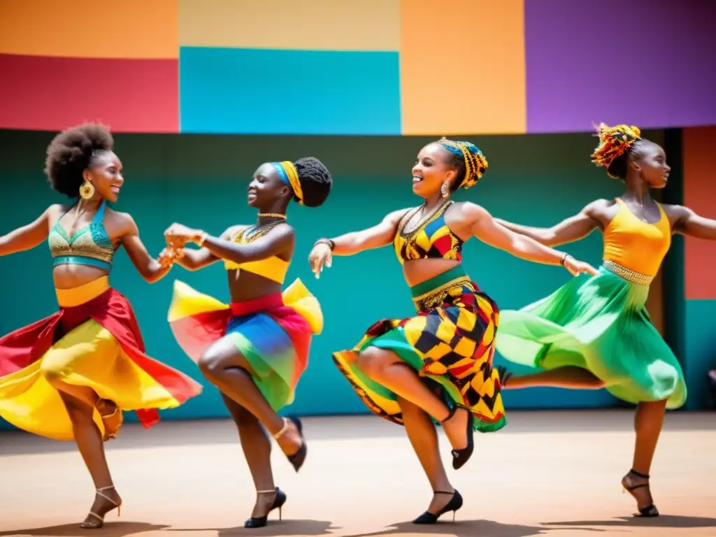 Grupo de bailarines africanos en trajes tradicionales, danzando con gracia en un festival internacional de danza contemporánea africana