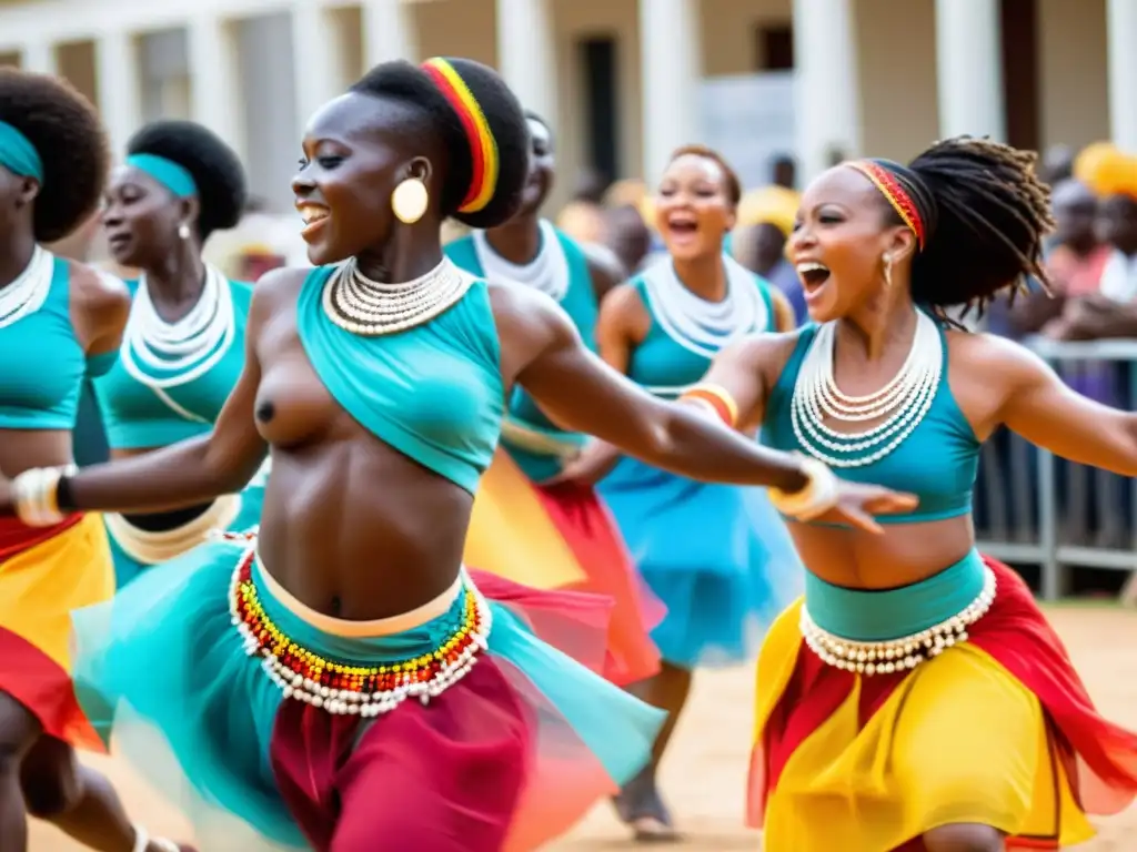 Grupo de bailarines africanos en trajes tradicionales, danzando con gracia al ritmo de tambores, rodeados de admiradores
