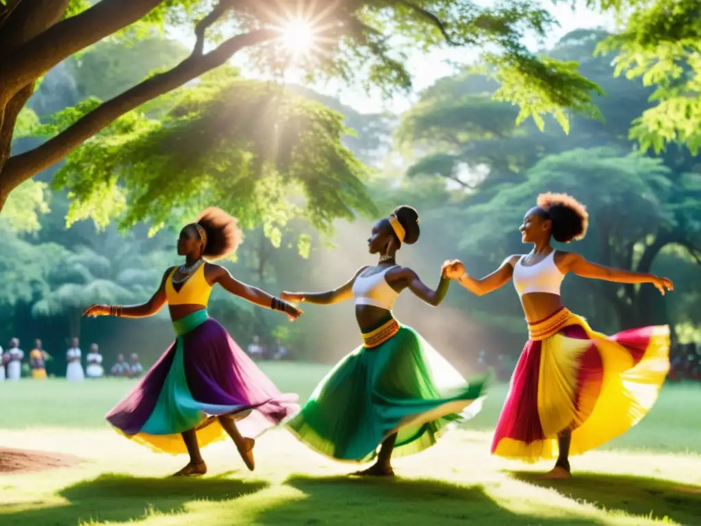 Grupo de bailarines africanos en trajes tradicionales realizando una danza vibrante en un claro soleado rodeado de exuberante vegetación