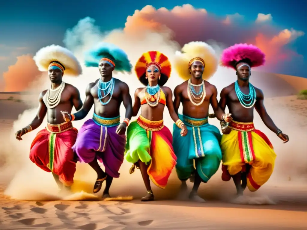 Grupo de bailarines africanos en trajes coloridos, danza llena de energía y riqueza cultural, influencia africana en la danza moderna