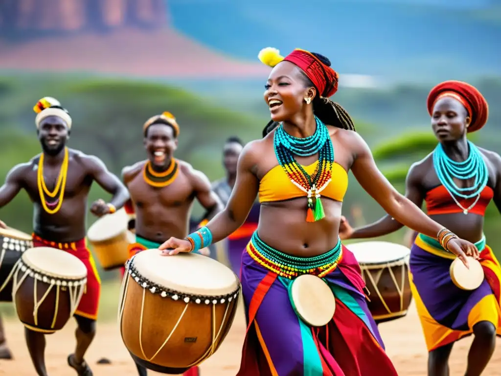 Un grupo de bailarines africanos en trajes tradicionales, moviéndose al ritmo de tambores