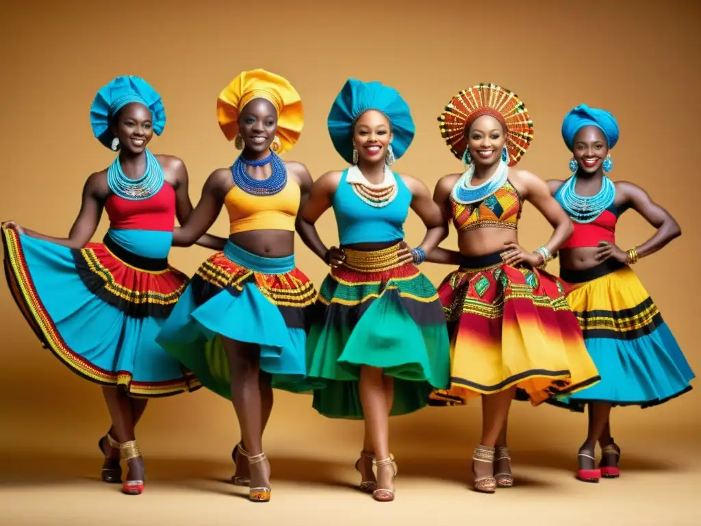 Grupo de bailarines africanos en trajes tradicionales vibrantes, mostrando la moda en la danza tradicional con energía y gracia