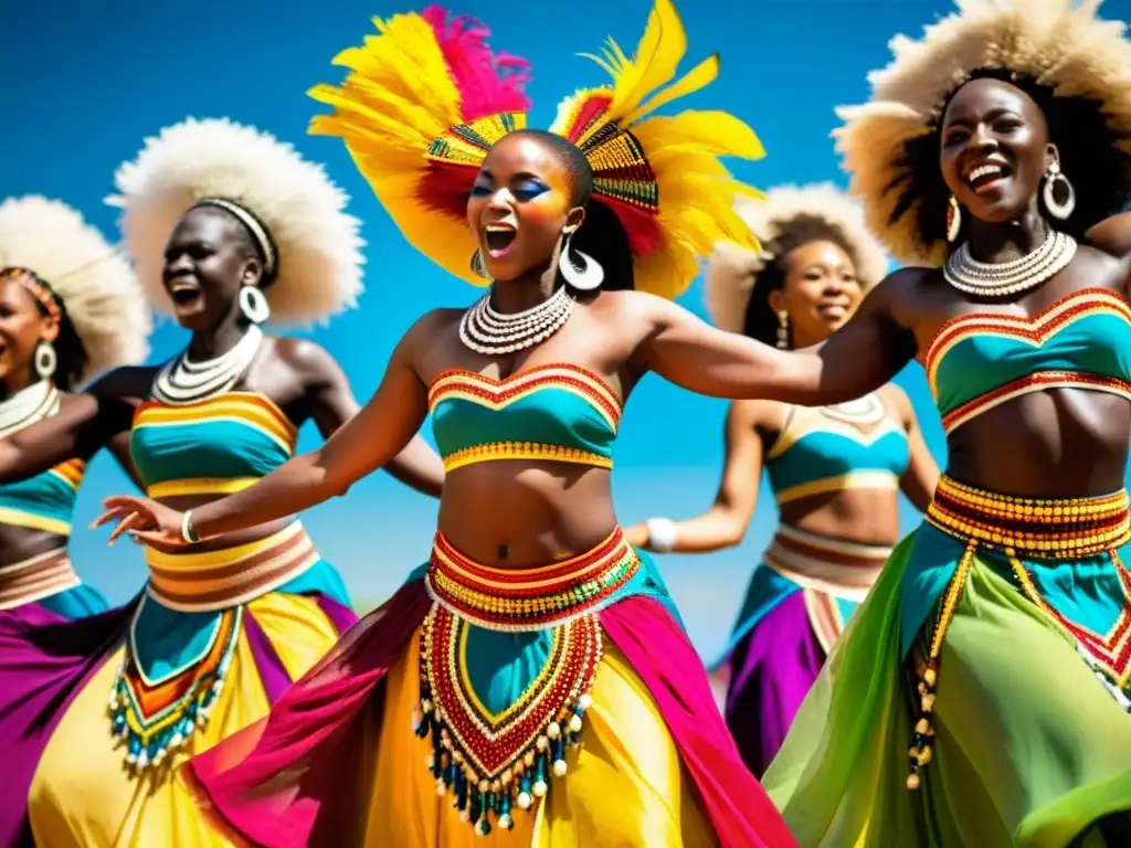 Grupo de bailarines africanos en trajes coloridos y dinámicos, realizando una danza tradicional