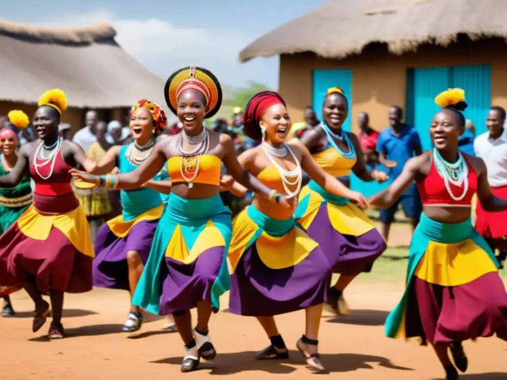 Grupo de bailarines africanos en trajes tradicionales, realizando una danza enérgica en una aldea africana