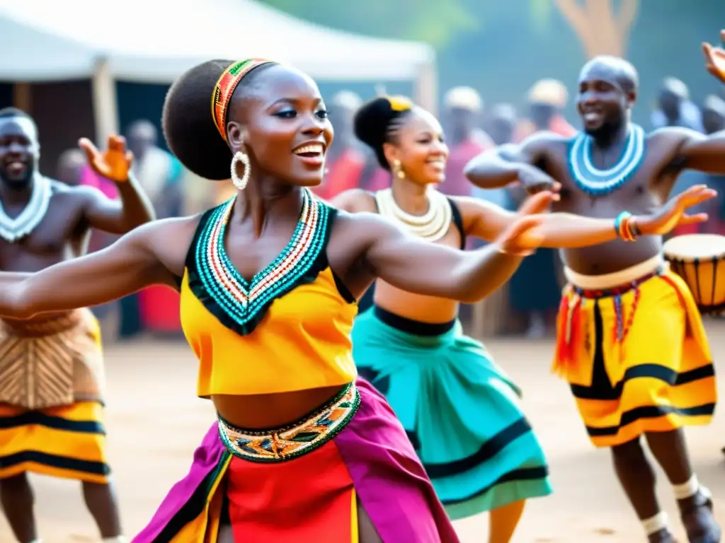 Un grupo de bailarines africanos vistiendo trajes tradicionales, danzando al ritmo de tambores africanos, rodeados por una comunidad vibrante