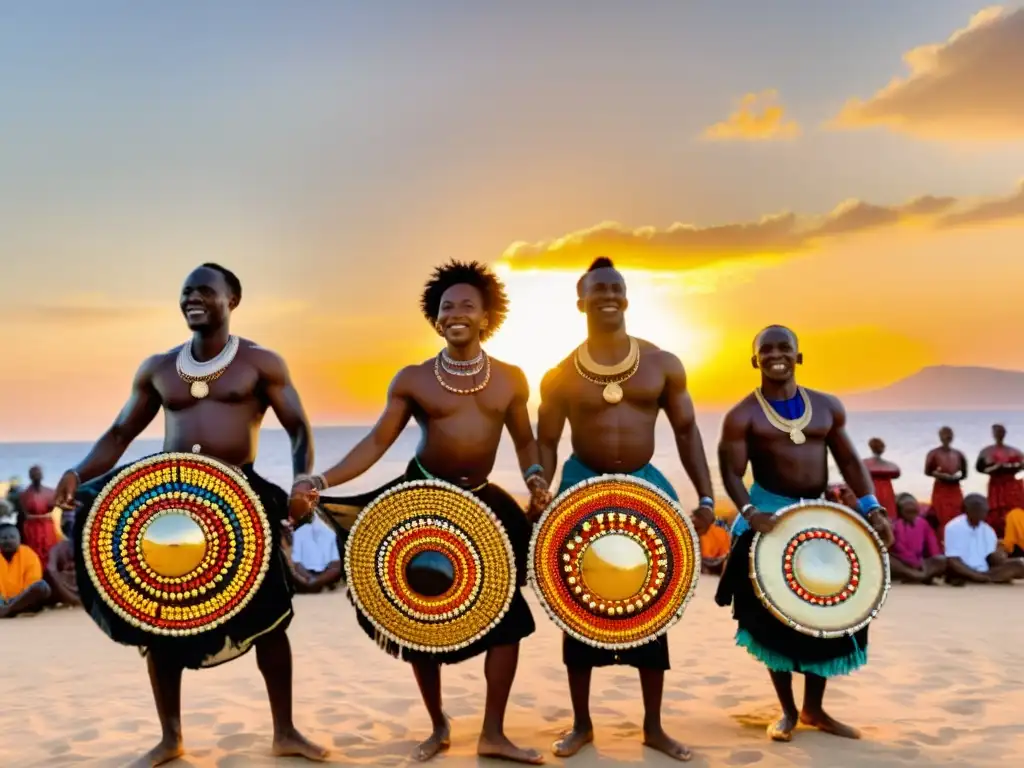 Un grupo de bailarines africanos en trajes tradicionales, moviéndose con gracia al ritmo de tambores al atardecer