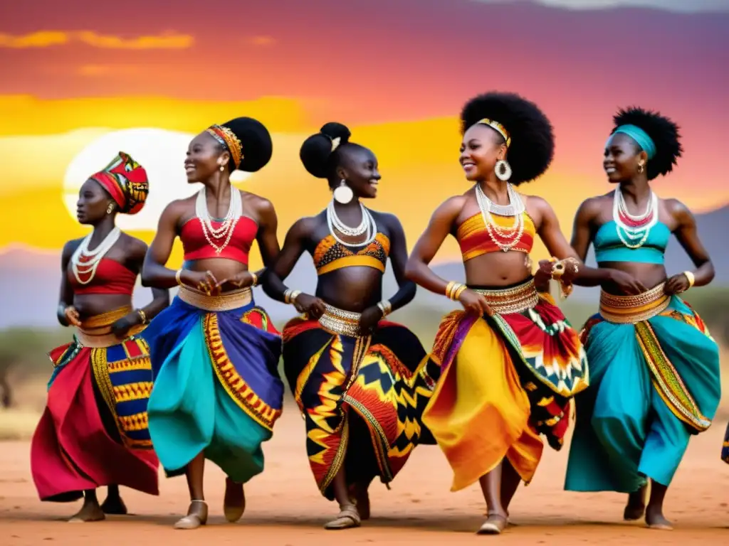 Un grupo de bailarines africanos con trajes tradicionales realizando una danza llena de significado cultural, expresando alegría y orgullo