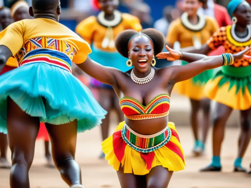 Un grupo de bailarines africanos en trajes vibrantes danzan al aire libre, transmitiendo vitalidad y conexión espiritual