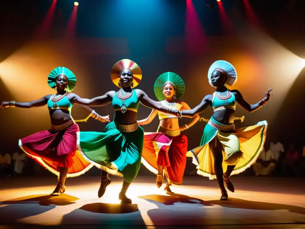 Grupo de bailarines africanos en trajes vibrantes realizando una danza tradicional, fusionando influencias árabes