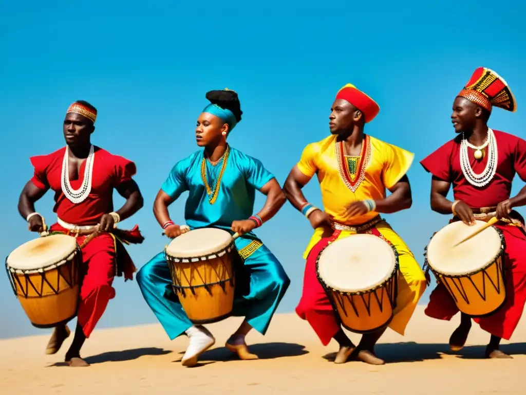 Grupo de bailarines africanos con trajes vibrantes y movimientos dinámicos, expresando la energía de la música de danza africana cultura