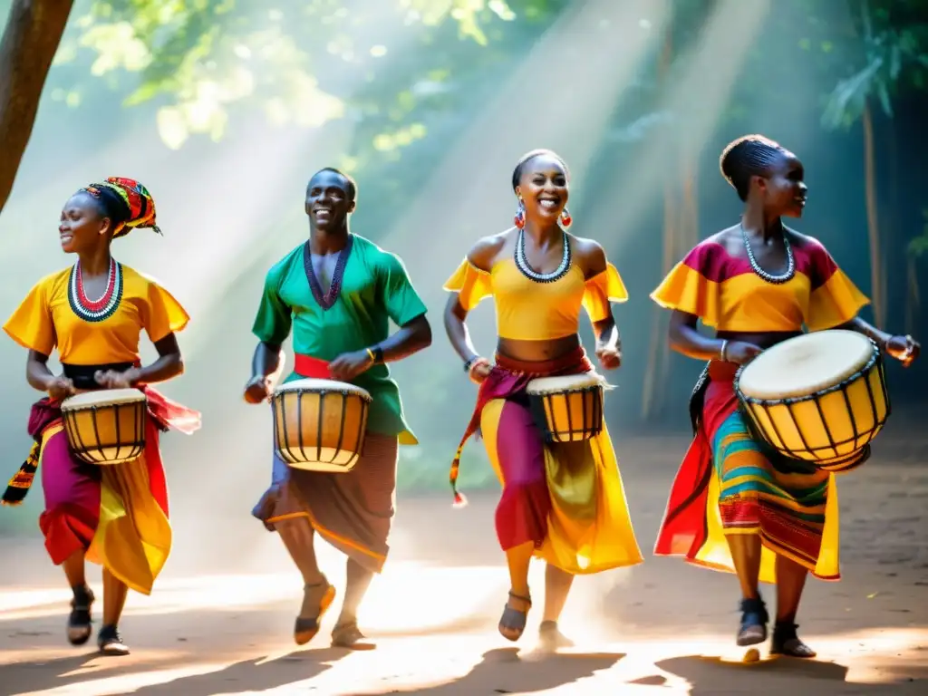 Un grupo de bailarines africanos vistiendo trajes tradicionales vibrantes, danzando graciosamente al ritmo del Djembé bajo la luz del sol en el bosque