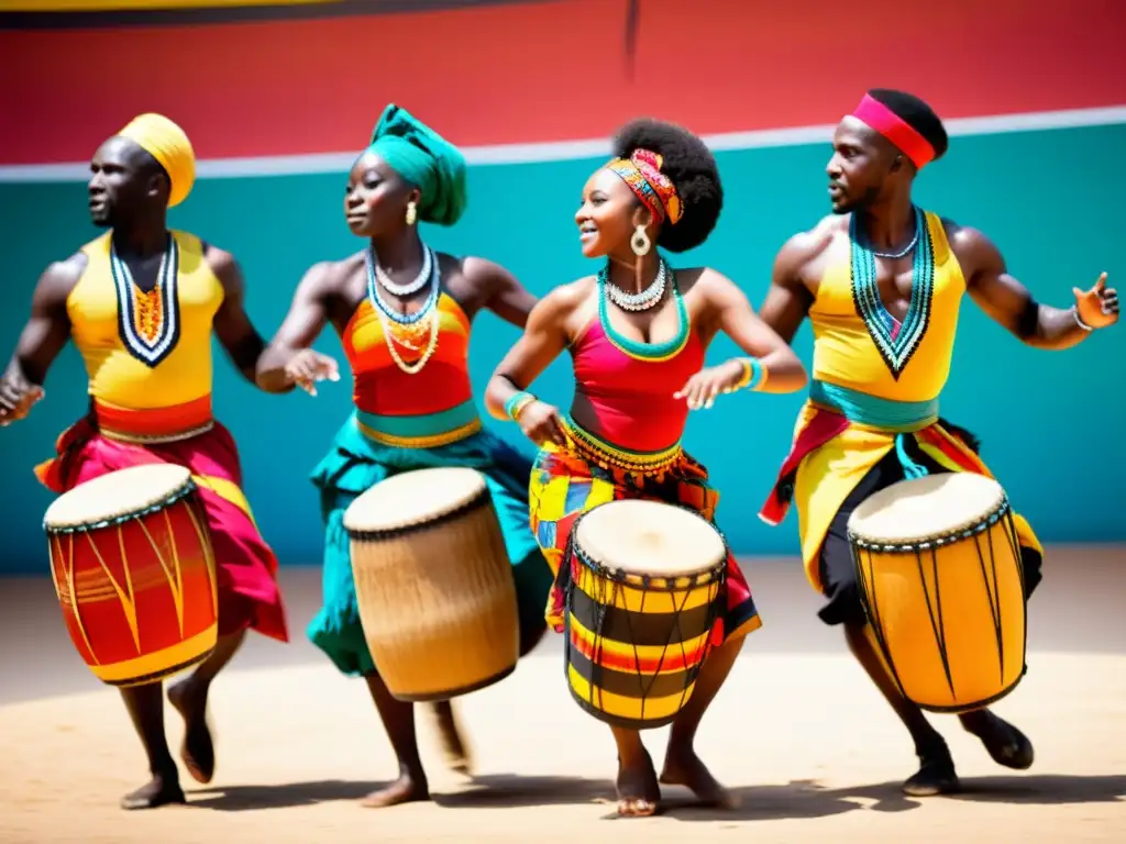 Grupo de bailarines africanos vistiendo trajes tradicionales vibrantes, en una danza energética al ritmo del Djembé, capturando la esencia de la danza tradicional africana Djembé