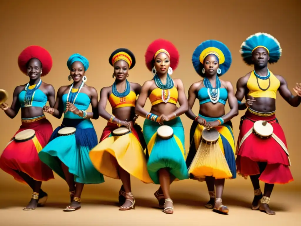 Grupo de bailarines africanos en trajes tradicionales, realizando movimientos complejos al ritmo de tambores y otros instrumentos