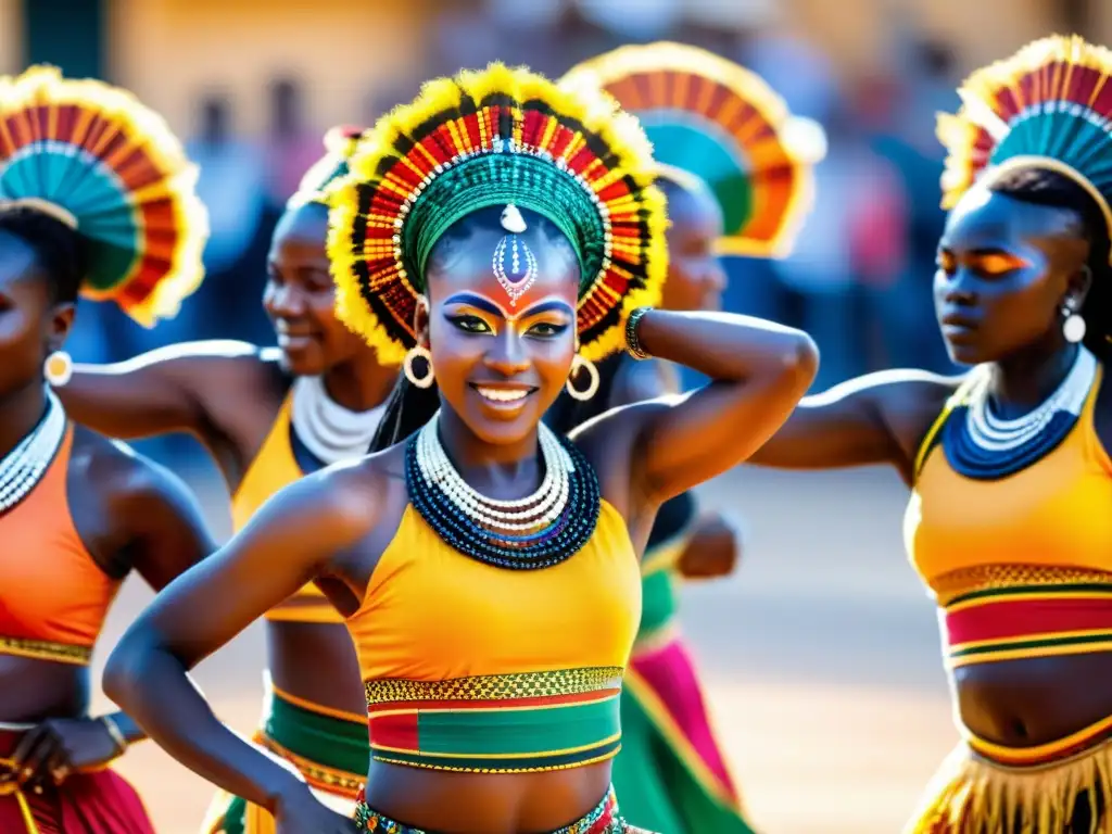 Un grupo de bailarines africanos en trajes tradicionales realizan un ritual de danza