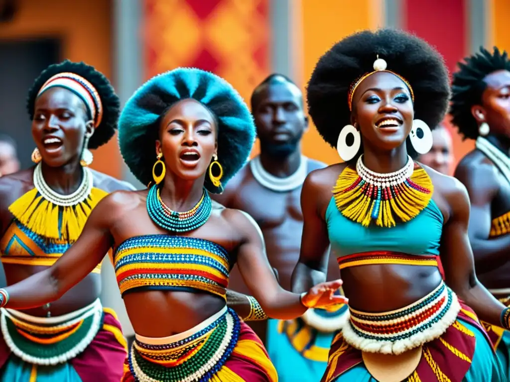 Un grupo de bailarines africanos en trajes tradicionales, moviéndose graciosamente al ritmo de la música en instrumentos tradicionales