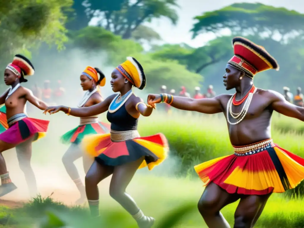 Grupo de bailarines africanos en trajes coloridos danzando al ritmo de tambores tribales en un claro soleado rodeado de exuberante vegetación, capturando la esencia de las danzas tradicionales africanas y su significado cultural