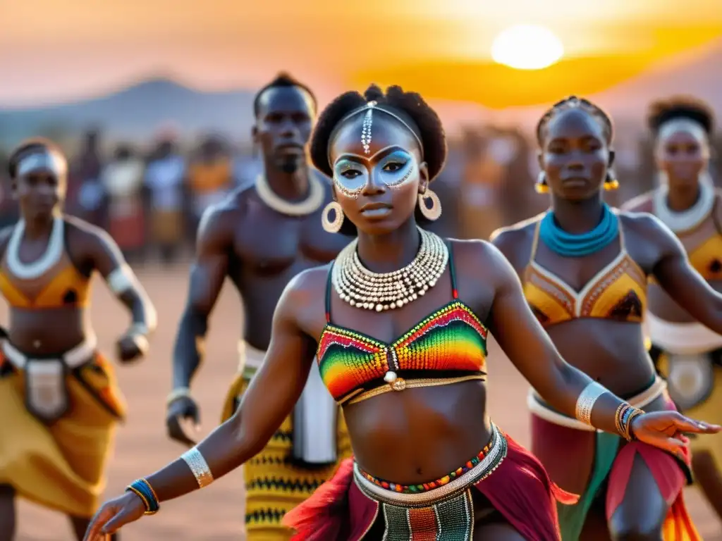 Grupo de bailarines africanos en trajes tradicionales, realizando un colorido ritual de danza al atardecer