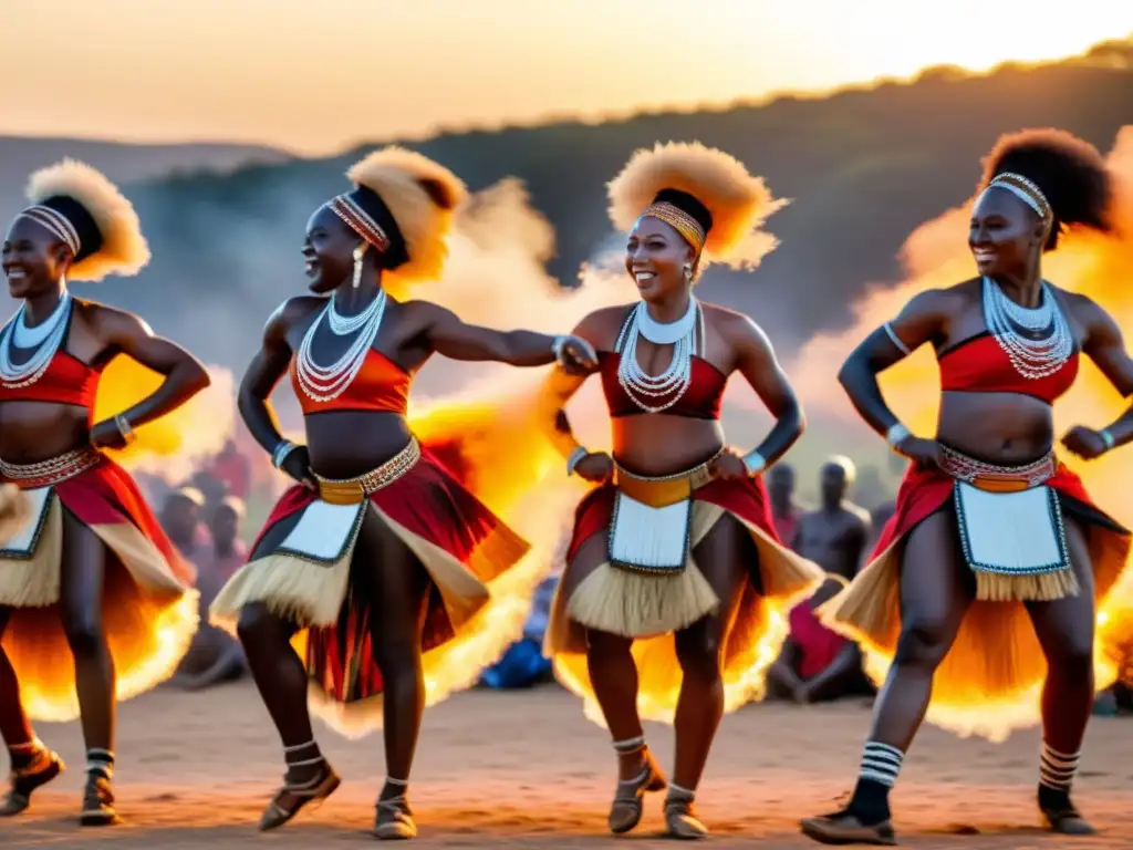 Grupo de bailarines africanos en trajes tradicionales vibrantes danzando alrededor de una fogata, con el sol poniente iluminando la escena