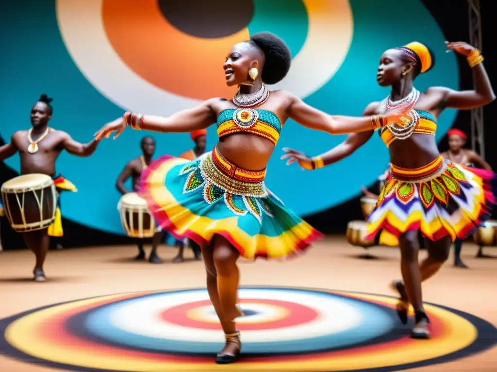 Grupo de bailarines africanos con trajes tradicionales vibrantes y expresiones llenas de alegría y determinación