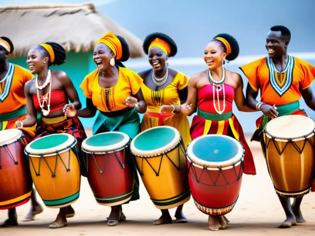 Un grupo de bailarines africanos vistiendo trajes tradicionales vibrantes, danzando al ritmo de tambores coloridos