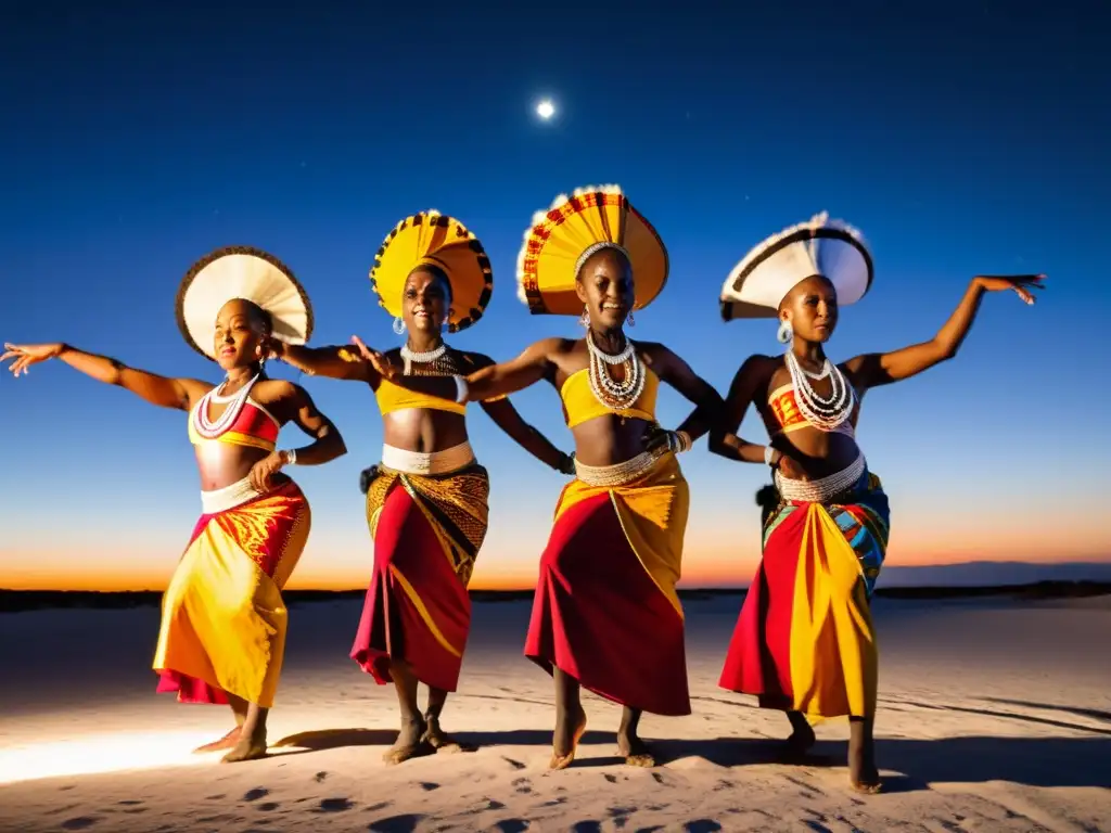 Danzas africanas bajo la luna: energía y color Un grupo de bailarines africanos vistiendo trajes vibrantes y elaborados, danzando bajo la luna